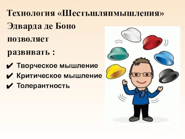 Технология «Шестьшляпмышления» Эдварда де Боно позволяет развивать : Творческое мышление Критическое мышление Толерантность