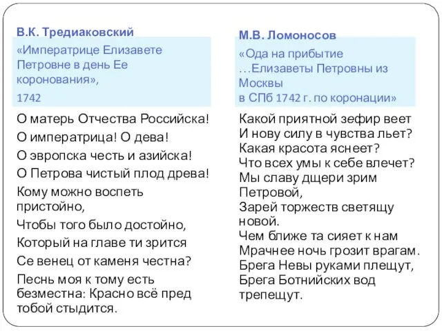 В.К. Тредиаковский «Императрице Елизавете Петровне в день Ее коронования», 1742 М.В.