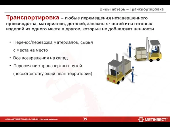 Виды потерь – Транспортировка Транспортировка – любые перемещения незавершенного производства, материалов,