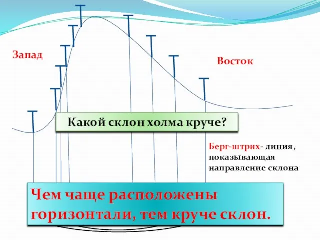 Берг-штрих- линия, показывающая направление склона Запад Восток Какой склон холма круче?