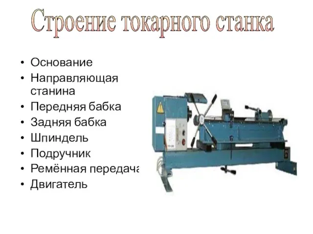 Основание Направляющая станина Передняя бабка Задняя бабка Шпиндель Подручник Ремённая передача Двигатель Строение токарного станка