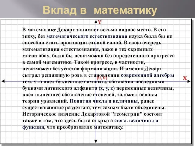 Вклад в математику В математике Декарт занимает весьма видное место. В