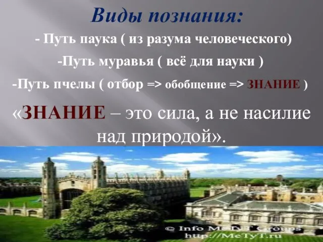 Виды познания: - Путь паука ( из разума человеческого) -Путь муравья