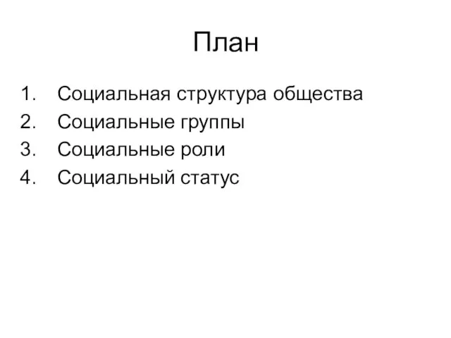 План Социальная структура общества Социальные группы Социальные роли Социальный статус