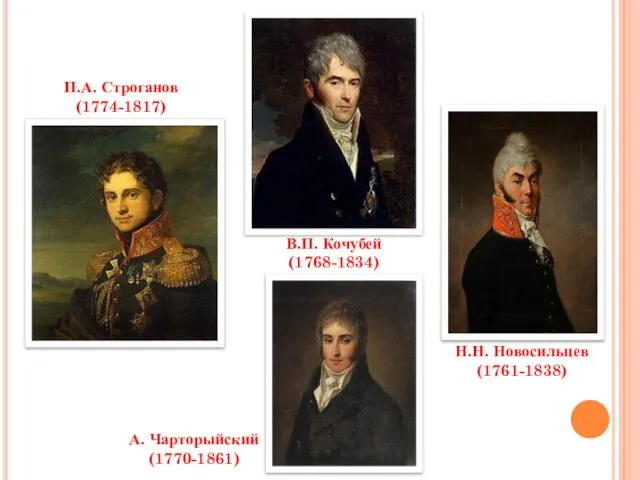 П.А. Строганов (1774-1817) В.П. Кочубей (1768-1834) А. Чарторыйский (1770-1861) Н.Н. Новосильцев (1761-1838)