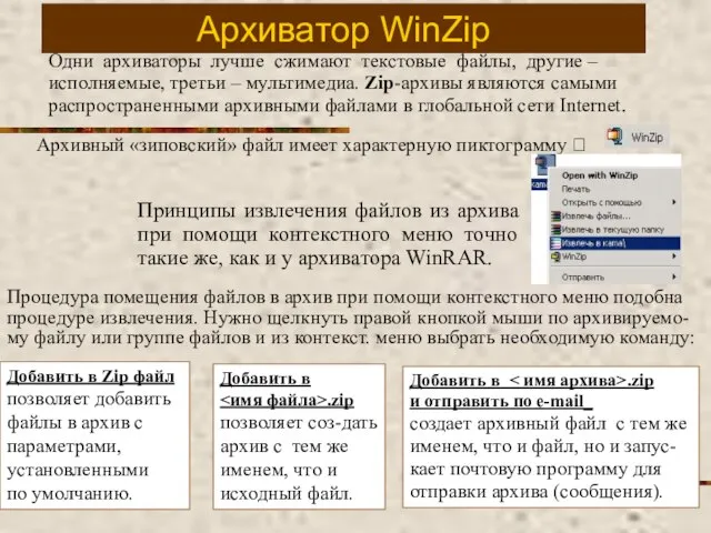 Архиватор WinZip Одни архиваторы лучше сжимают текстовые файлы, другие – исполняемые,