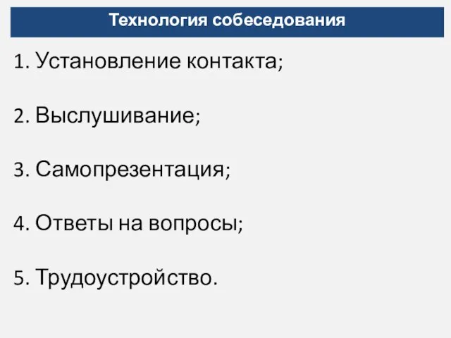 Технология собеседования 1. Установление контакта; 2. Выслушивание; 3. Самопрезентация; 4. Ответы на вопросы; 5. Трудоустройство.