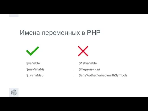 Имена переменных в PHP $variable $myVariable $_variable5 $1stvariable $Переменная $any%other/variable­withSymbols