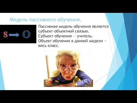 Модель пассивного обучения. Пассивная модель обучения является субъект-объектной связью. Субъект обучения