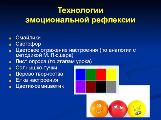 Технологии эмоциональной рефлексии Смайлики Светофор Цветовое отражение настроения (по аналогии с