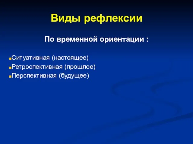 Виды рефлексии По временной ориентации : Ситуативная (настоящее) Ретроспективная (прошлое) Перспективная (будущее)