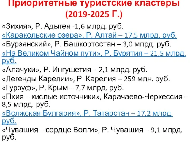 Приоритетные туристские кластеры (2019-2025 Г.) «Зихия», Р. Адыгея -1,6 млрд. руб.