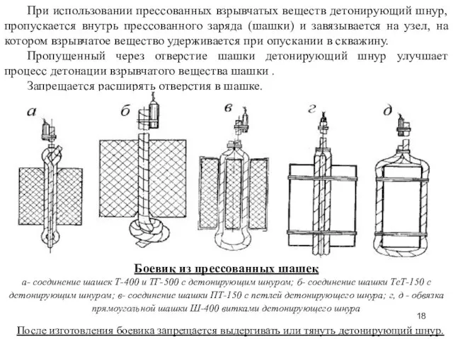 При использовании прессованных взрывчатых веществ детонирующий шнур, пропускается внутрь прессованного заряда