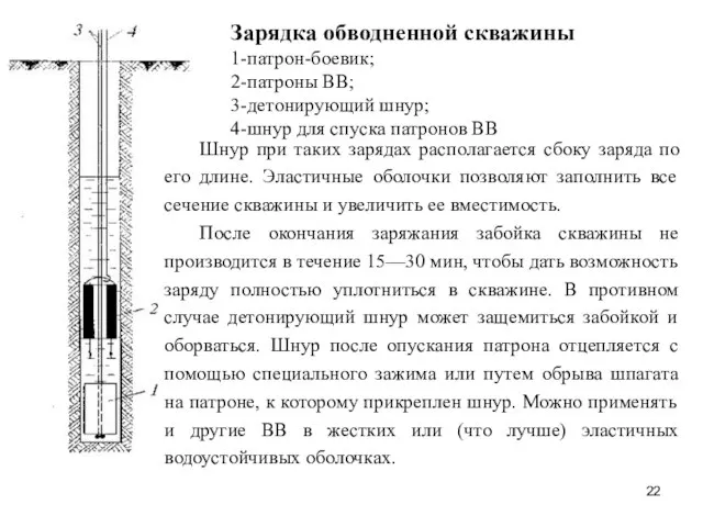 Зарядка обводненной скважины 1-патрон-боевик; 2-патроны ВВ; 3-детонирующий шнур; 4-шнур для спуска