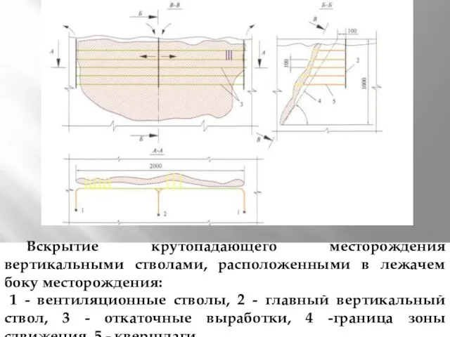 Вскрытие крутопадающего месторождения вертикальными стволами, расположенными в лежачем боку месторождения: 1