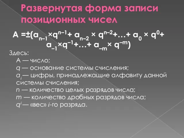A =±(an–1×qn–1+ an–2 × qn–2+…+ a0 × q0+ a–1×q–1+…+ a–m× q–m)