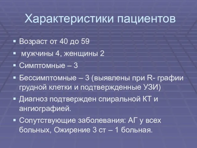 Характеристики пациентов Возраст от 40 до 59 мужчины 4, женщины 2