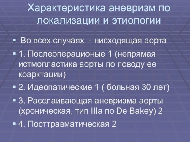 Характеристика аневризм по локализации и этиологии Во всех случаях - нисходящая