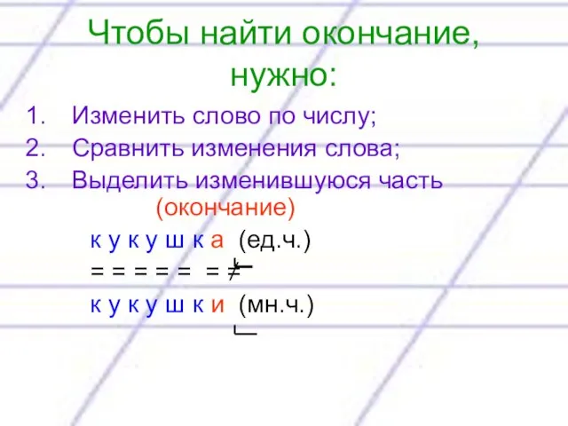 Чтобы найти окончание, нужно: Изменить слово по числу; Сравнить изменения слова;