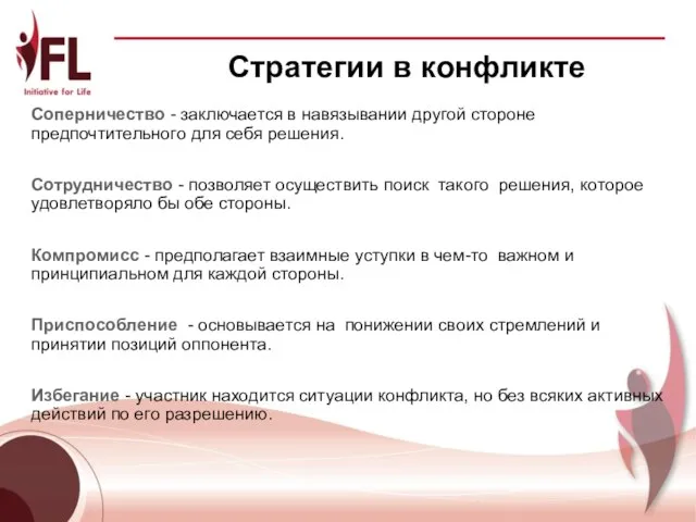 Стратегии в конфликте Соперничество - заключается в навязывании другой стороне предпочтительного