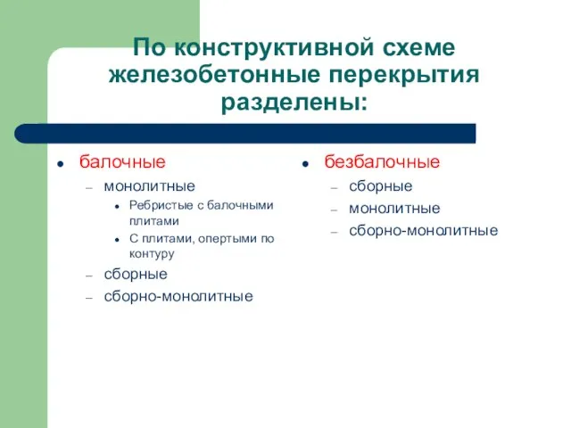 По конструктивной схеме железобетонные перекрытия разделены: балочные монолитные Ребристые с балочными