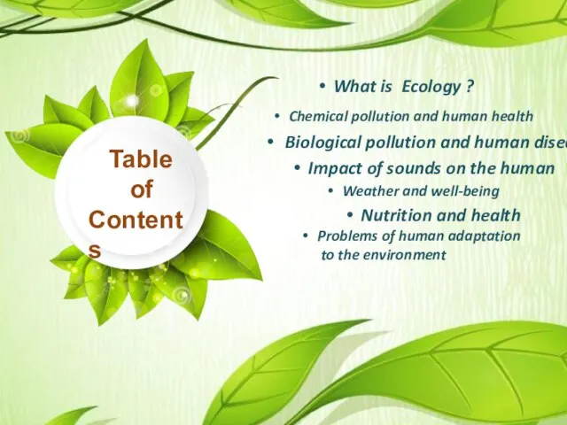 Table of Contents What is Ecology ? Chemical pollution and human