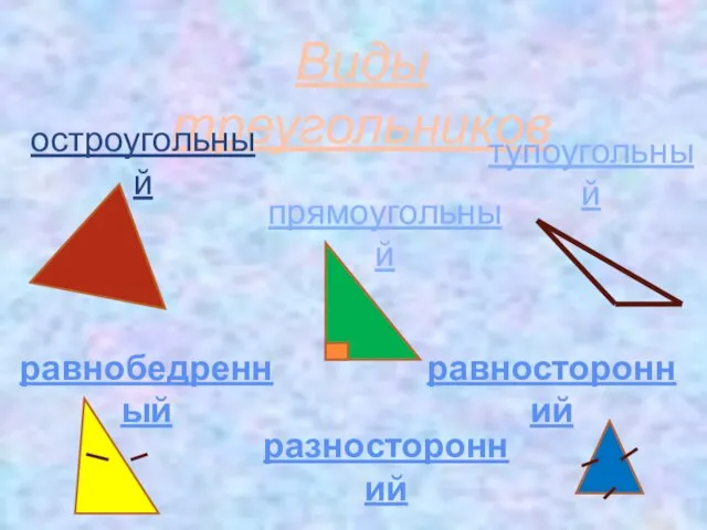 Виды треугольников остроугольный прямоугольный тупоугольный равнобедренный равносторонний разносторонний