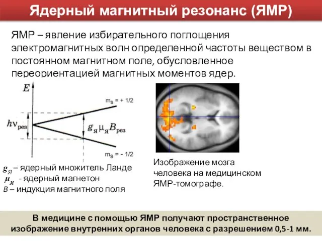 Ядерный магнитный резонанс (ЯМР) ЯМР – явление избирательного поглощения электромагнитных волн