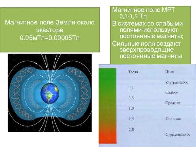 Магнитное поле Земли около экватора 0.05мТл=0.00005Тл Магнитное поле МРТ 0,1-1,5 Тл