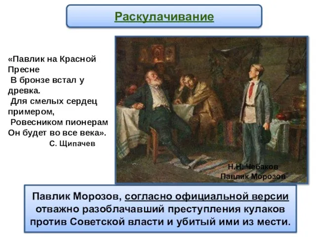 Павлик Морозов, согласно официальной версии отважно разоблачавший преступления кулаков против Советской