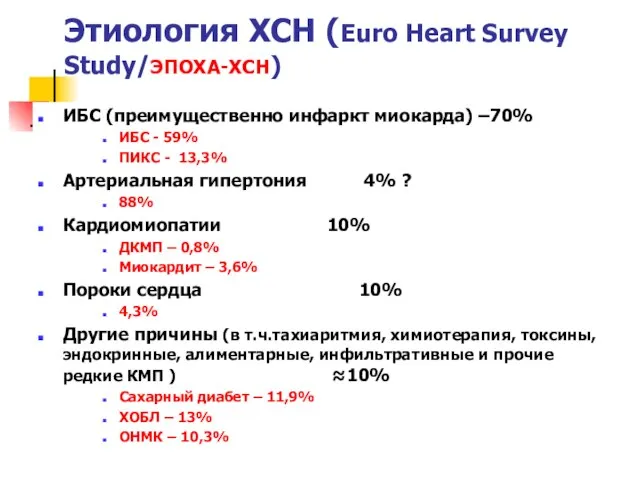 Этиология ХСН (Euro Heart Survey Study/ЭПОХА-ХСН) ИБС (преимущественно инфаркт миокарда) –70%