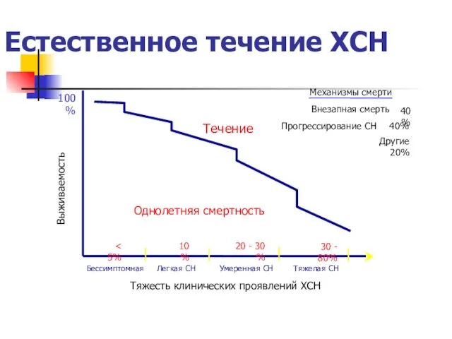 Естественное течение ХСН Тяжесть клинических проявлений ХСН Выживаемость Бессимптомная 100% 0%