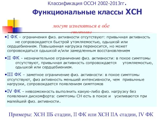 Классификация ОССН 2002-2013гг. Функциональные классы ХСН могут изменяться в обе стороны