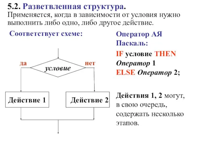 5.2. Разветвленная структура. Применяется, когда в зависимости от условия нужно выполнить