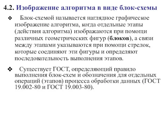 4.2. Изображение алгоритма в виде блок-схемы Блок-схемой называется наглядное графическое изображение