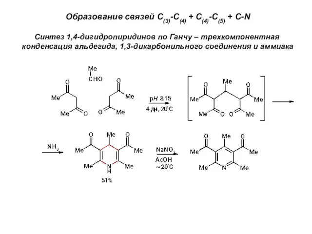 Образование связей С(3)-С(4) + С(4)-С(5) + С-N Синтез 1,4-дигидропиридинов по Ганчу