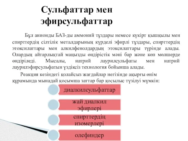 Сульфаттар мен эфирсульфаттар Бұл анионды БАЗ-ды аммоний тұздары немесе күкірт қышқылы