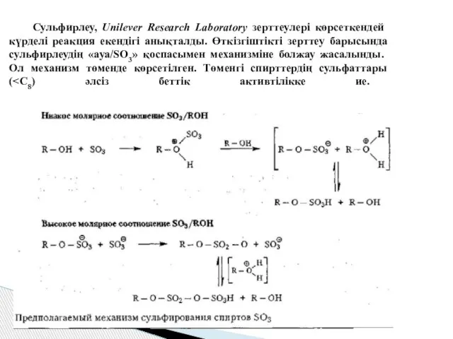 Сульфирлеу, Unilever Research Laboratory зерттеулері көрсеткендей күрделі реакция екендігі анықталды. Өткізгіштікті