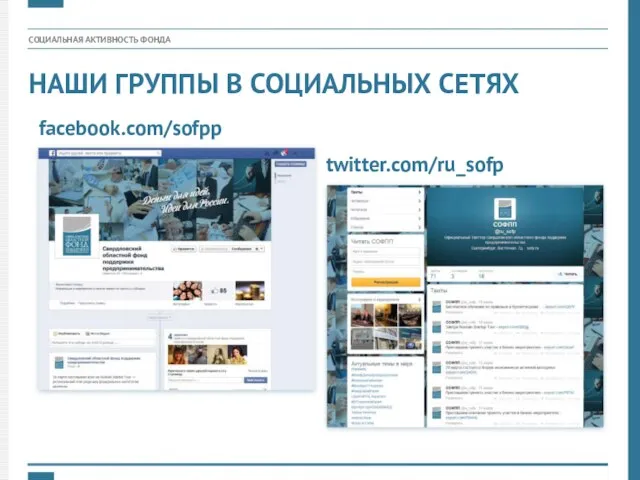 СОЦИАЛЬНАЯ АКТИВНОСТЬ ФОНДА НАШИ ГРУППЫ В СОЦИАЛЬНЫХ СЕТЯХ facebook.com/sofpp twitter.com/ru_sofp