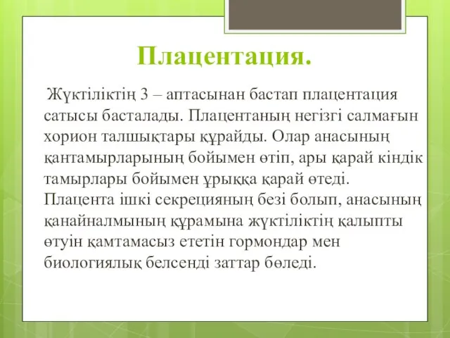 Плацентация. Жүктіліктің 3 – аптасынан бастап плацентация сатысы басталады. Плацентаның негізгі