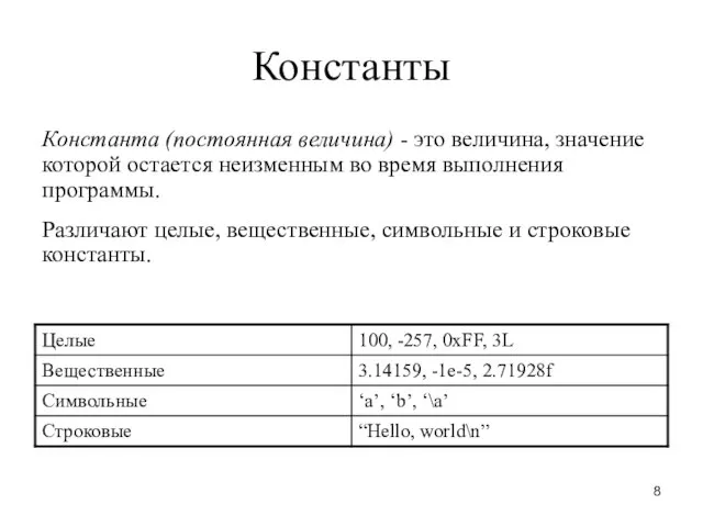 Константы Константа (постоянная величина) - это величина, значение которой остается неизменным