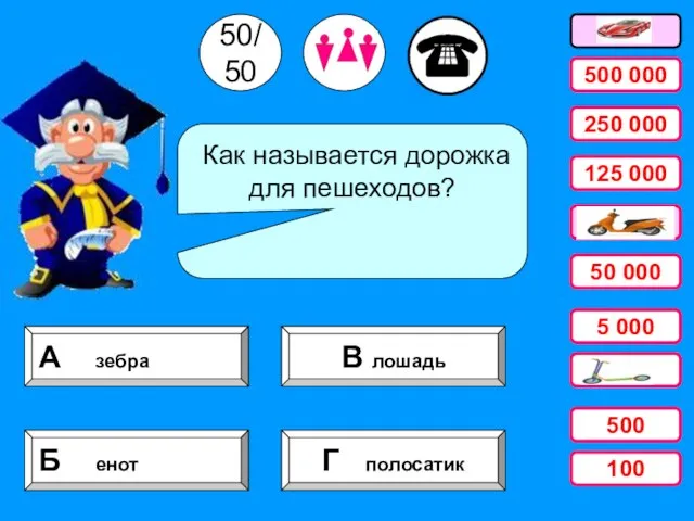 Как называется дорожка для пешеходов? Г полосатик Б енот В лошадь