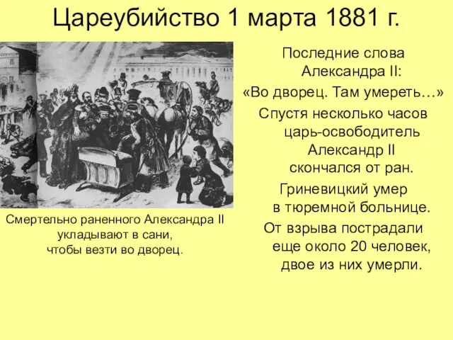 Цареубийство 1 марта 1881 г. Последние слова Александра II: «Во дворец.