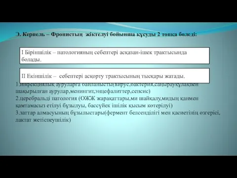 Э. Керпель – Фронистың жіктелуі бойынша құсуды 2 топқа бөледі: 1.инфекциялық