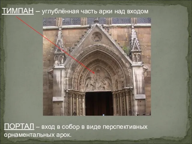 ТИМПАН – углублённая часть арки над входом ПОРТАЛ – вход в