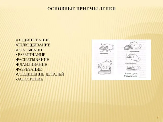 ОСНОВНЫЕ ПРИЕМЫ ЛЕПКИ ОТЩИПЫВАНИЕ СПЛЮЩИВАНИЕ СКАТЫВАНИЕ РАЗМИНАНИЕ РАСКАТЫВАНИЕ ВДАВЛИВАНИЕ РАЗРЕЗАНИЕ СОЕДИНЕНИЕ ДЕТАЛЕЙ ЗАОСТРЕНИЕ