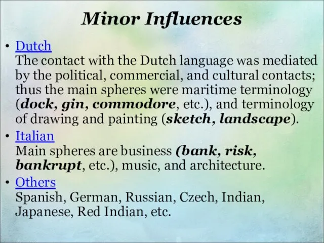 Minor Influences Dutch The contact with the Dutch language was mediated