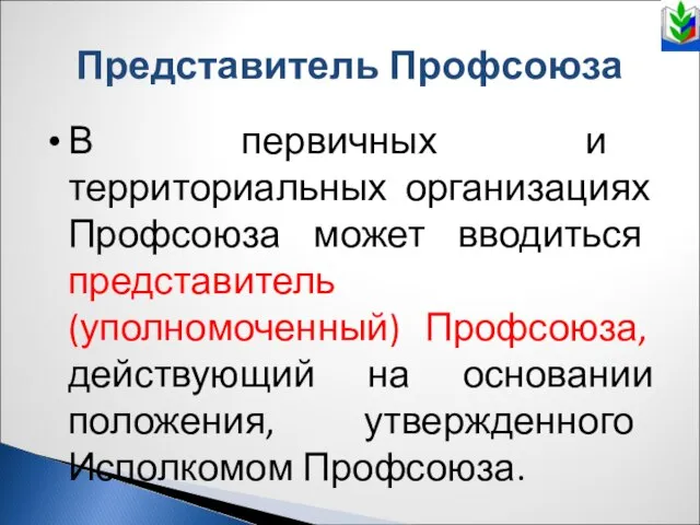 Представитель Профсоюза В первичных и территориальных организациях Профсоюза может вводиться представитель