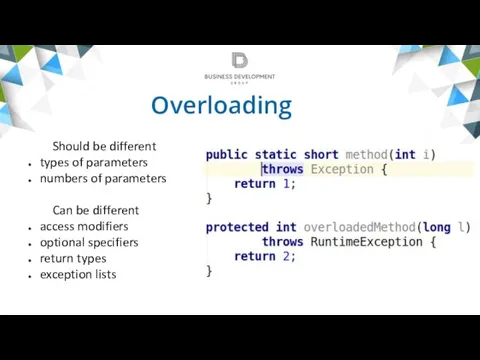 Overloading Should be different types of parameters numbers of parameters Can