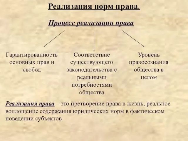 Процесс реализации права Соответствие существующего законодательства с реальными потребностями общества Гарантированность